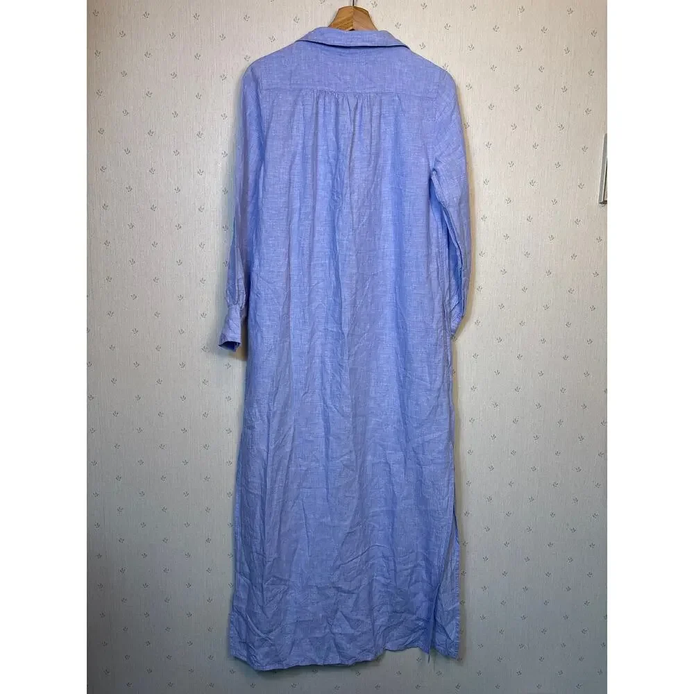 J Crew Bungalow Maxi Popover Dress XS in Linen Blue Quiet Luxury Coastal Beach